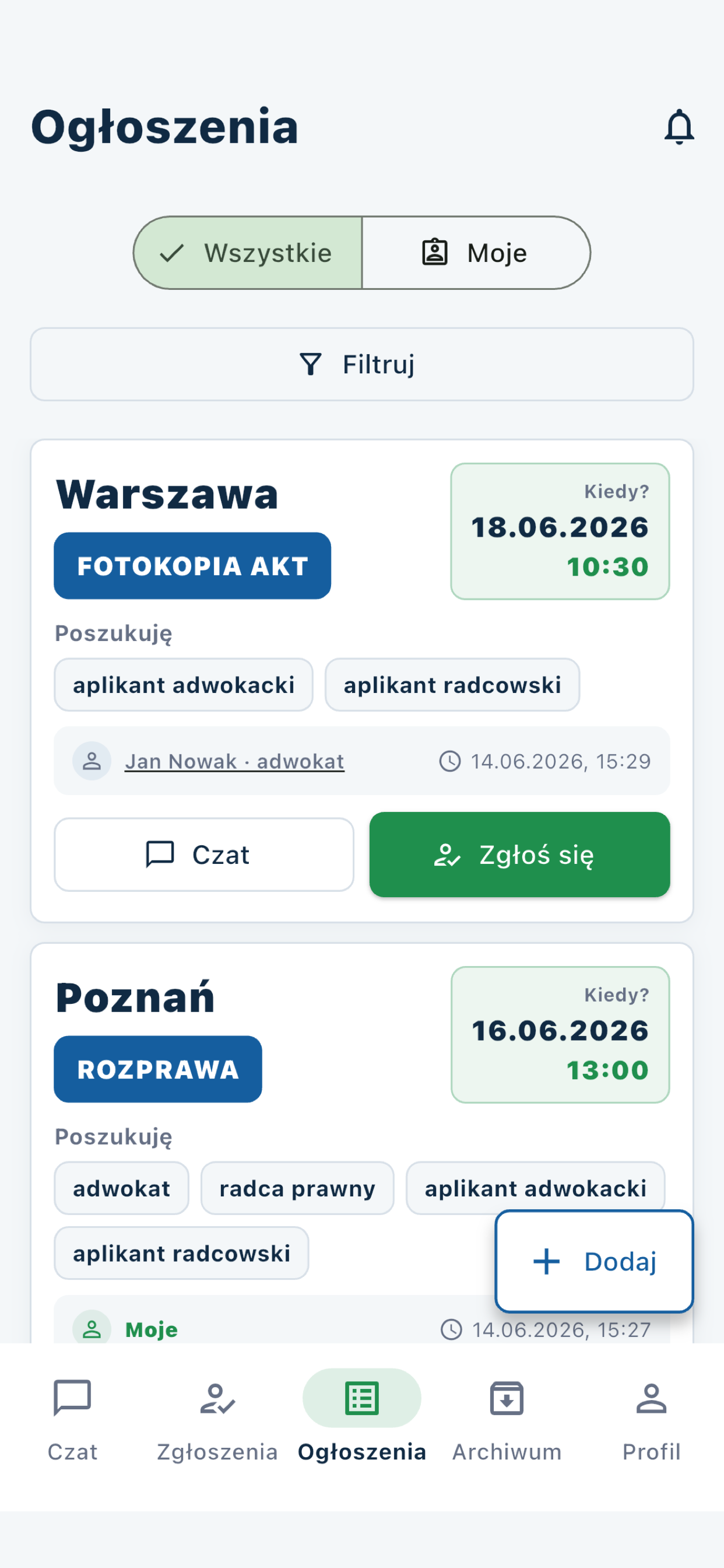 Lista ogłoszeń w aplikacji substa