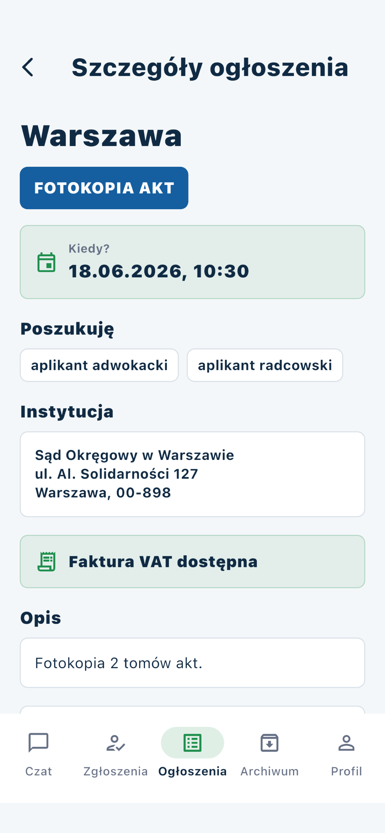 Szczegóły ogłoszenia w aplikacji substa